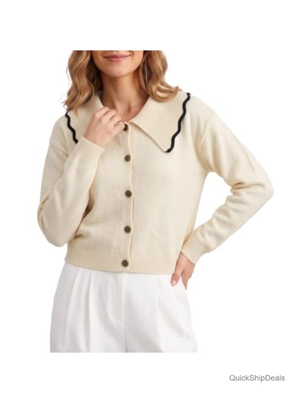 Soft Knit Button Front Cardigan with Ruffle Peter Pan Collar